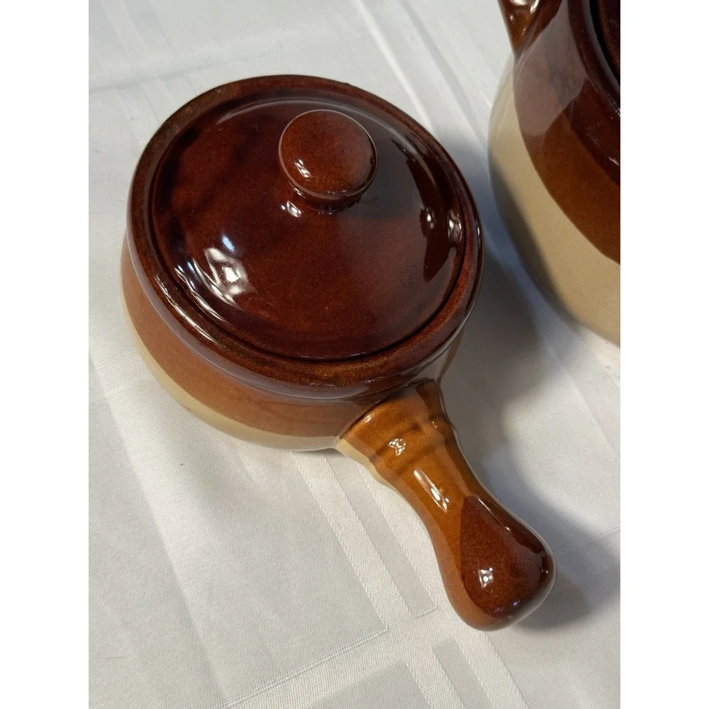 Vintage Brown Bean Pot w/ 2 Matching Handled Ramekins – Rustic Stoneware Set